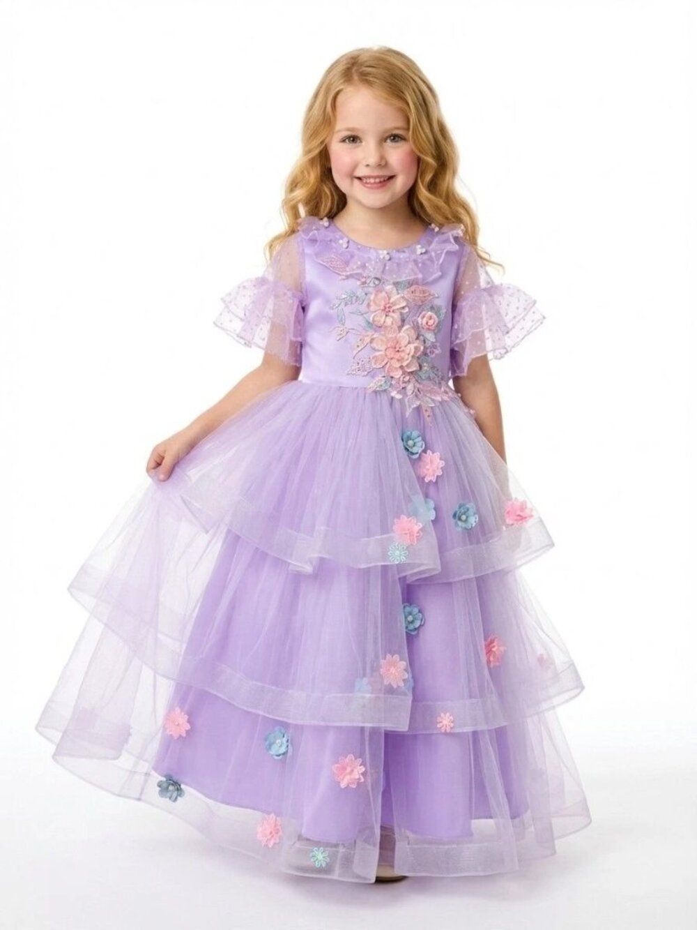 Girls Lavender Floral Princess Dress Tiered Tulle Party Gown (Size 6)